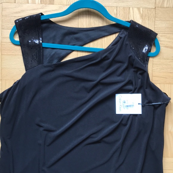 NWT CALVIN KLEIN ASYMMETRICAL SEQUIN BLACK DRESS - Picture 2 of 8
